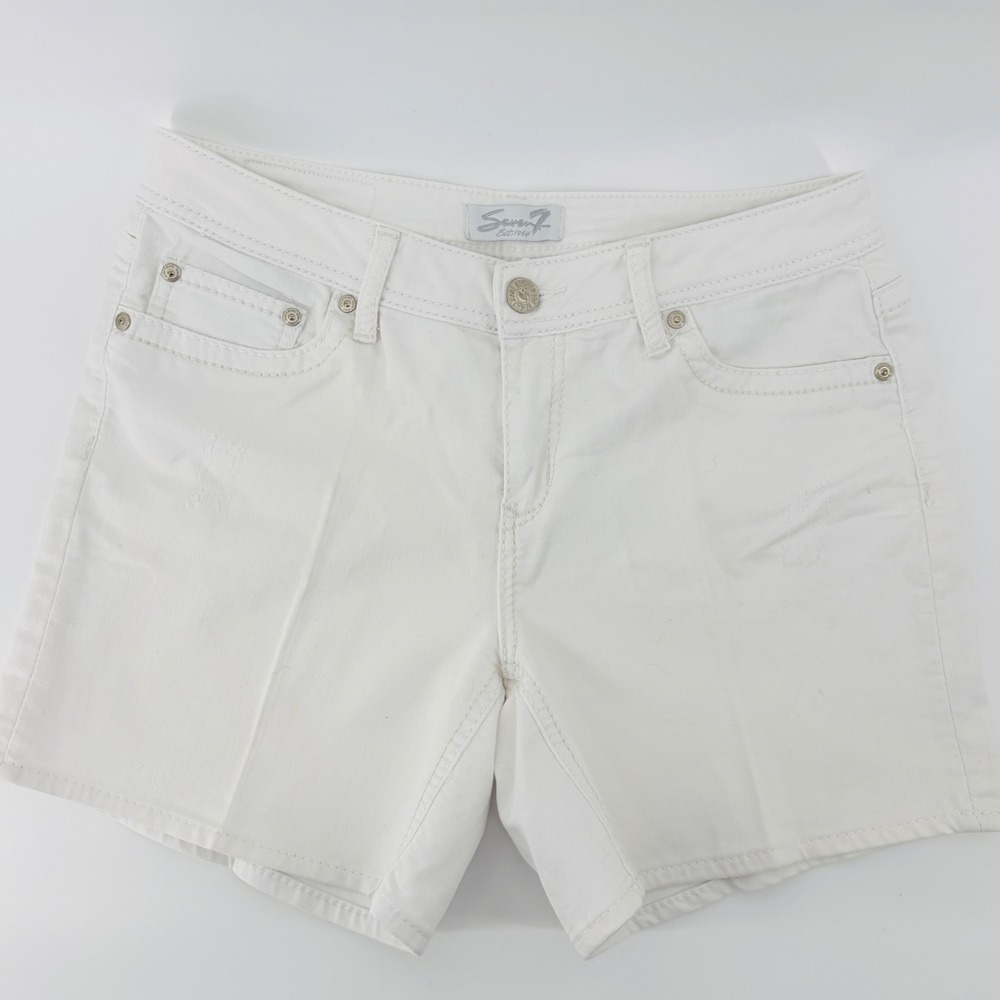Seven7 Women White Denim Shorts Size 12 Embroidered Back Pocket Stretch